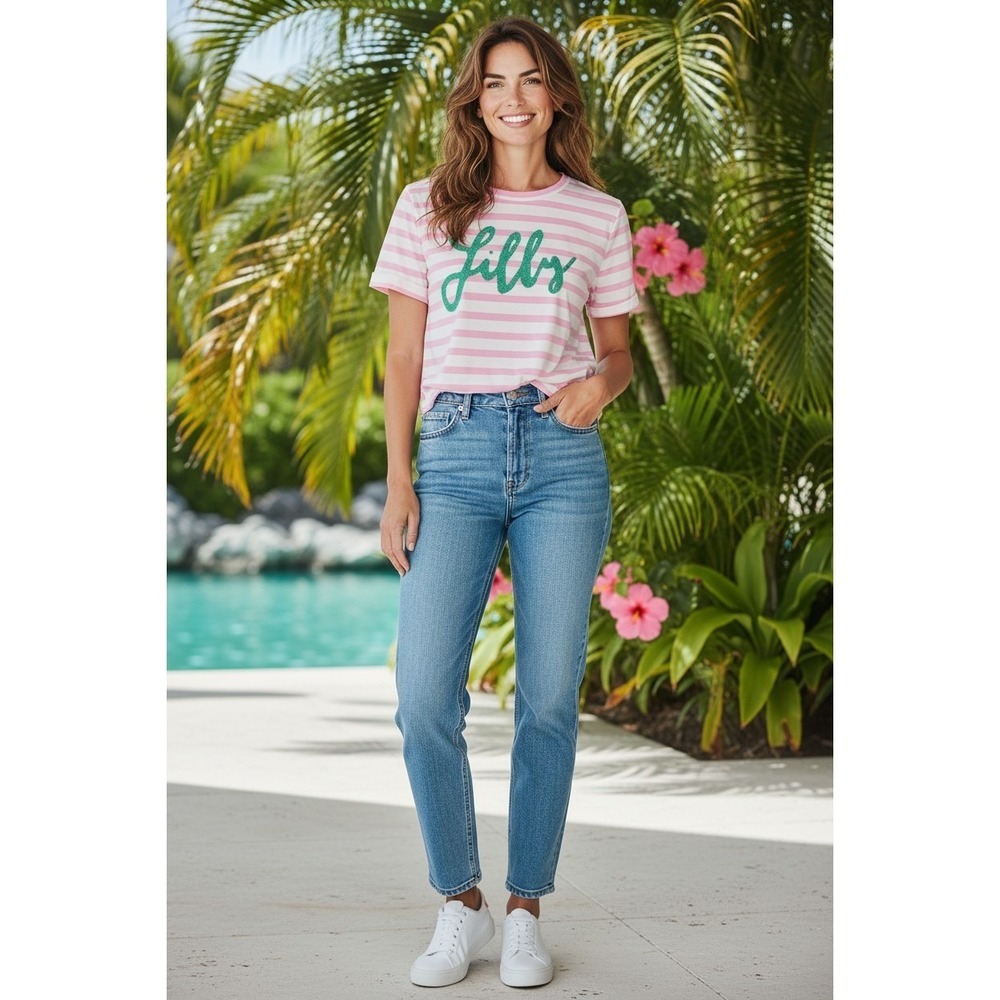 Lilly Pulitzer T-Shirt Womens Small Pink White Striped Embroidered Logo Size S